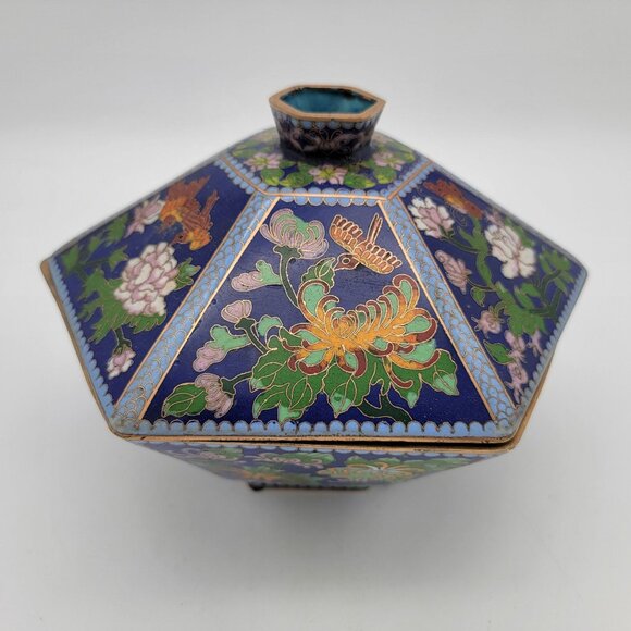 Antique Chinese Cloisonné Hexagonal Shaped Lidded Bowl - Picture 12 of 13
